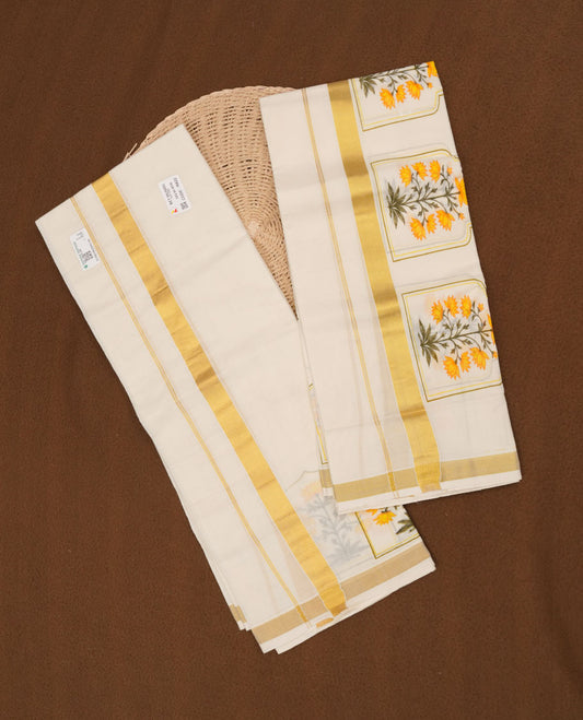Off white colour cotton set mundu highlights gold traditional border (2.00/2.80 MTS)