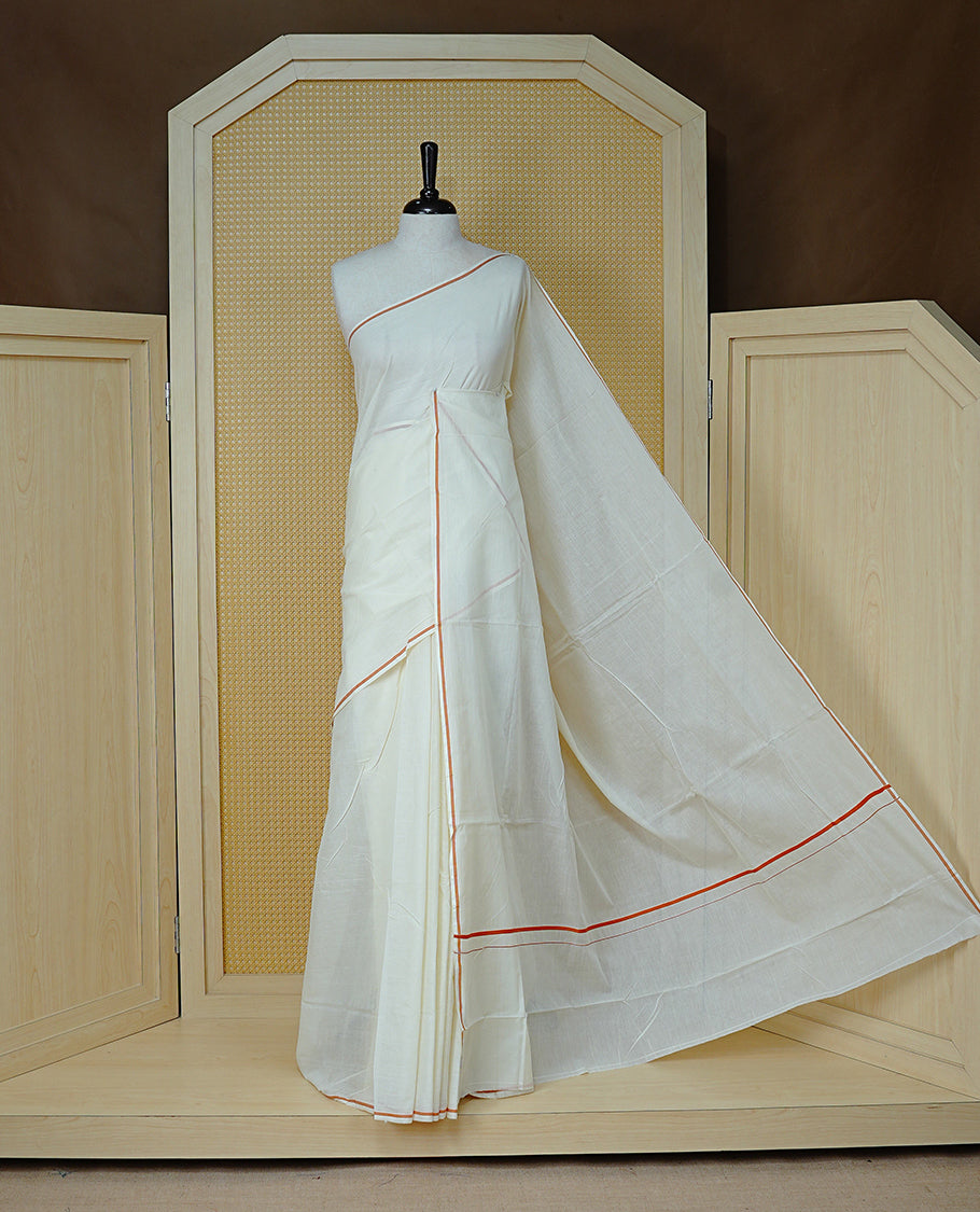 Cream Colour Cotton Kerala Saree Featuring A Classy Plain Body For Effortless Elegance, Enhanced By A Minimalist Orange Border, Paired With A Matching Blouse Piece.