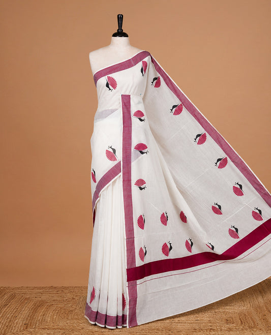 Cream colour Cotton Kerala saree Featuring Classy Plain body for Effortless Elegance, enhancing Maroon with Peacock Printed border, paired with matching blouse piece.