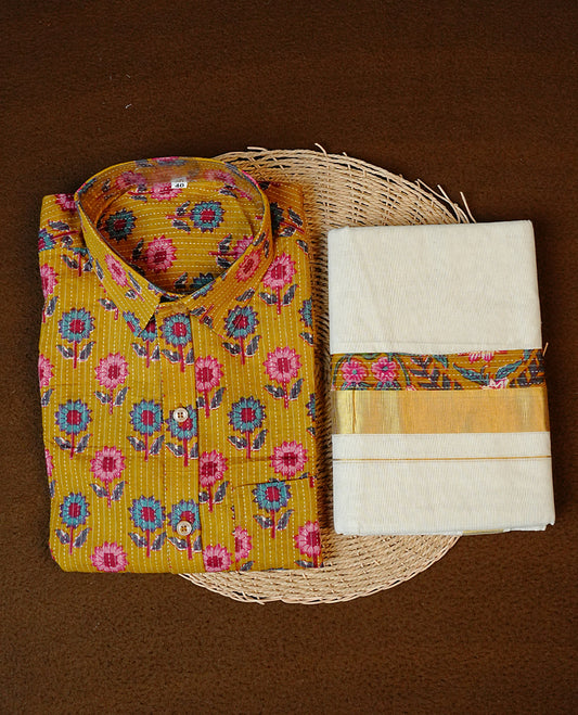 Mehendi Colour Floral Kodi Printed Full-Sleeve Shirt, Paired with a Cotton Double Dhoti Featuring Matching Prints.