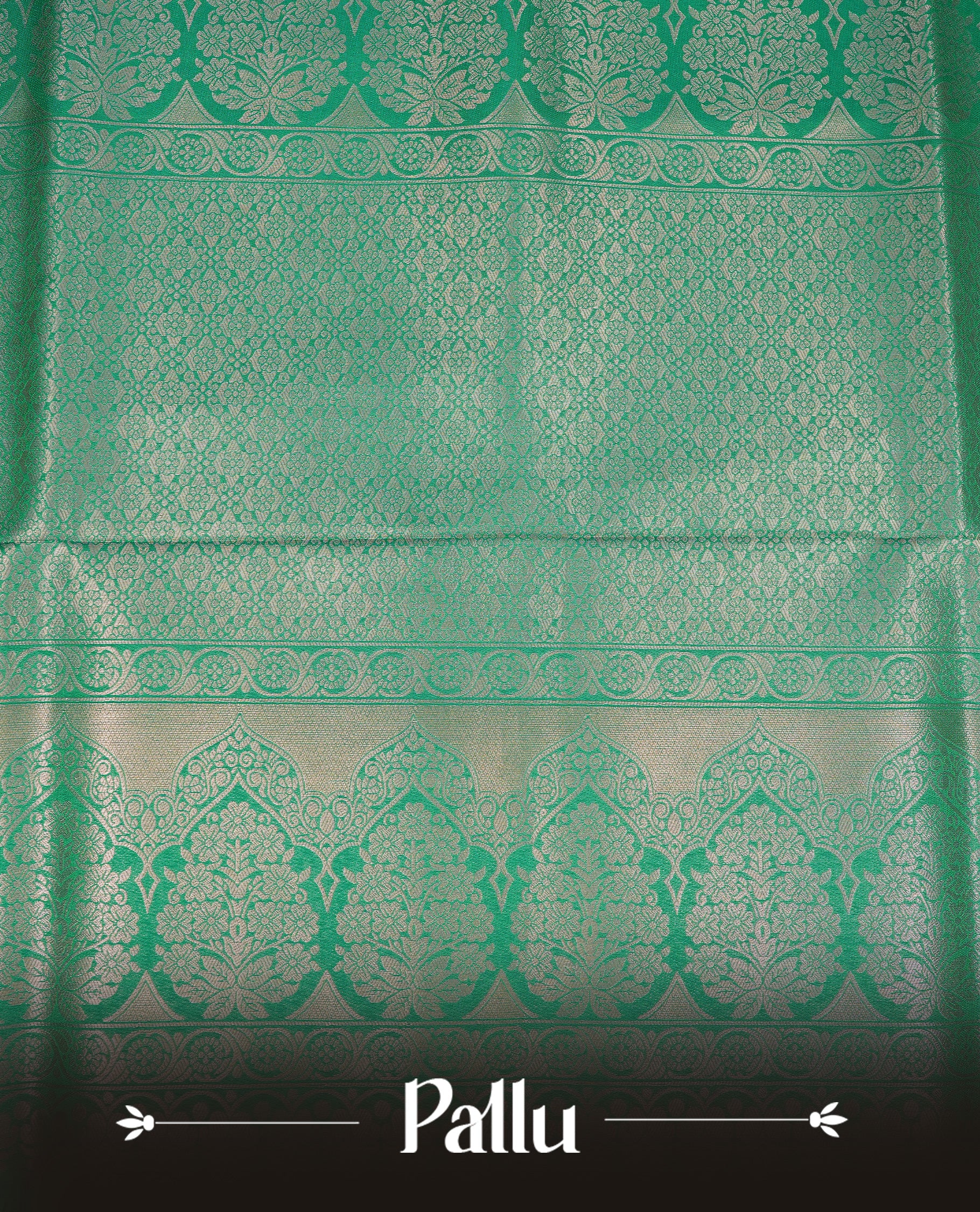 Sea Green Colour Softie Silk Saree Featuring An All Over Gold Woven Leaf Pattern, Finished With A Matching Border Adorned With Intricate Paisley And Floral Motifs, Paired With A Matching Blouse Piece.