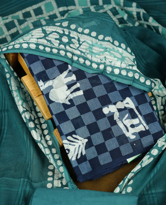 Dark Blue colour churidar material featuring a checked printed body with subtle motifs, paired with a matching bottom and coordinated printed dupatta.