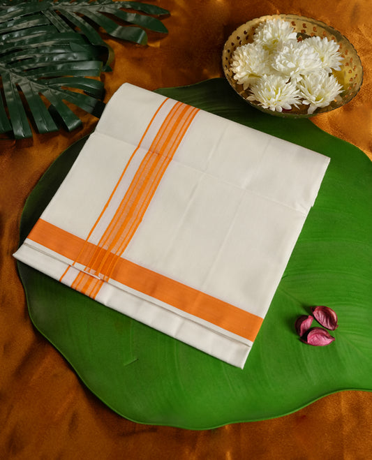 Off white colour dhoti featuring a refined orange border, crafted from soft cotton for comfort and tradition & Perfect for festive occasions, temple visits, and cultural celebrations, blending grace with simplicity.
