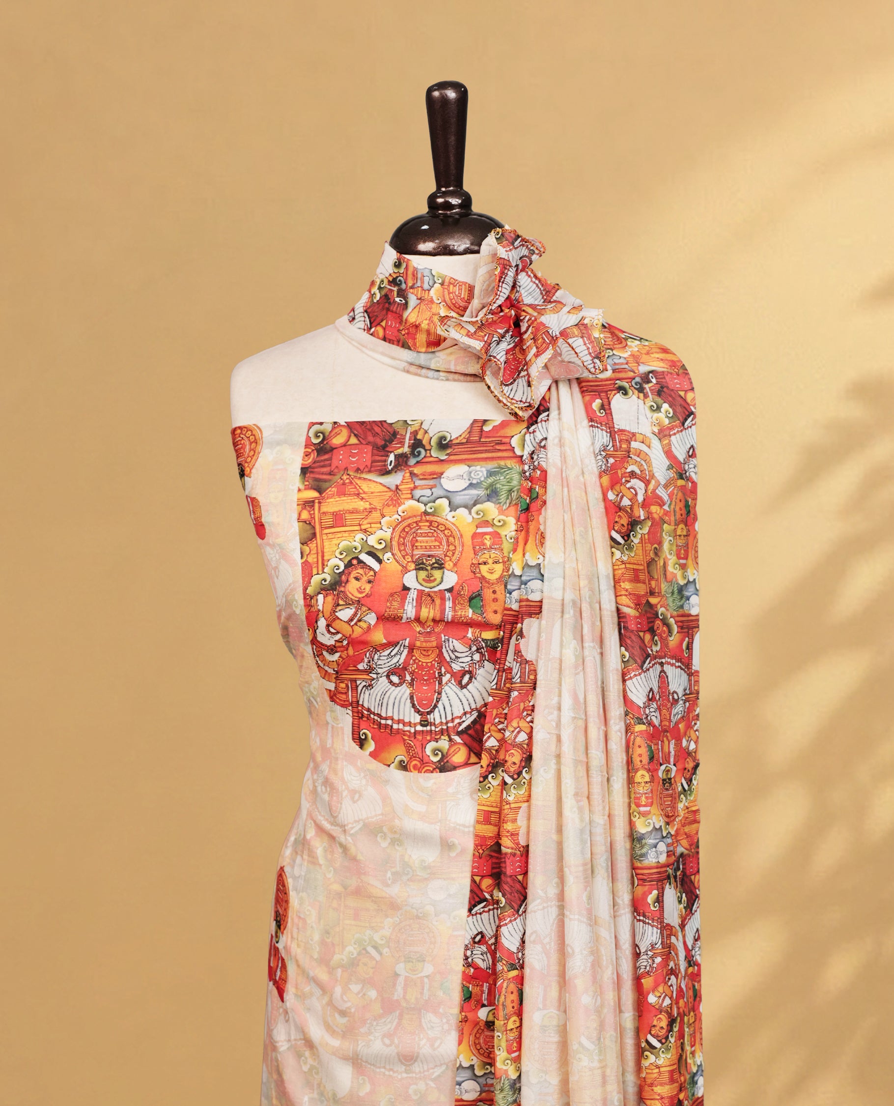 Cream colour salwar material Featuring Indian Art forms Print on body, paired with matching bottom & Elegant Dupatta