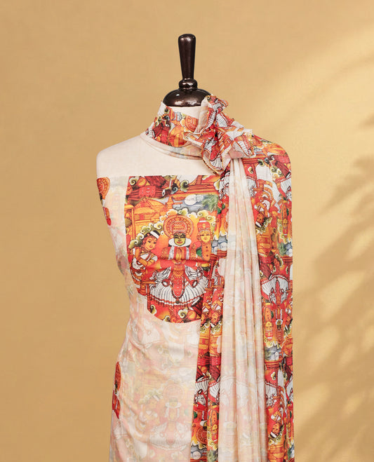 Cream colour salwar material Featuring Indian Art forms Print on body, paired with matching bottom & Elegant Dupatta