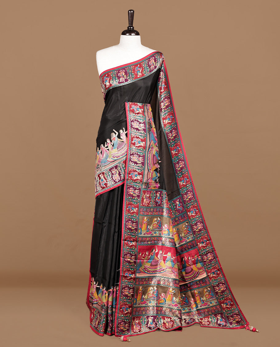 Black colour Pashmina saree featuring elegant plain body, contrast multi colour pattern border with dancing girl & pallu, Paired with matching unstitched blouse