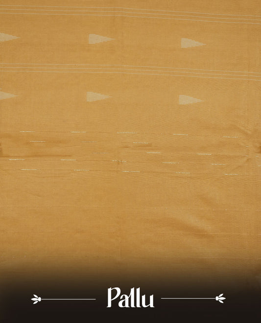 Gold colour semi jute saree highlighting gold zari striped body, without border and paired with matching blouse.