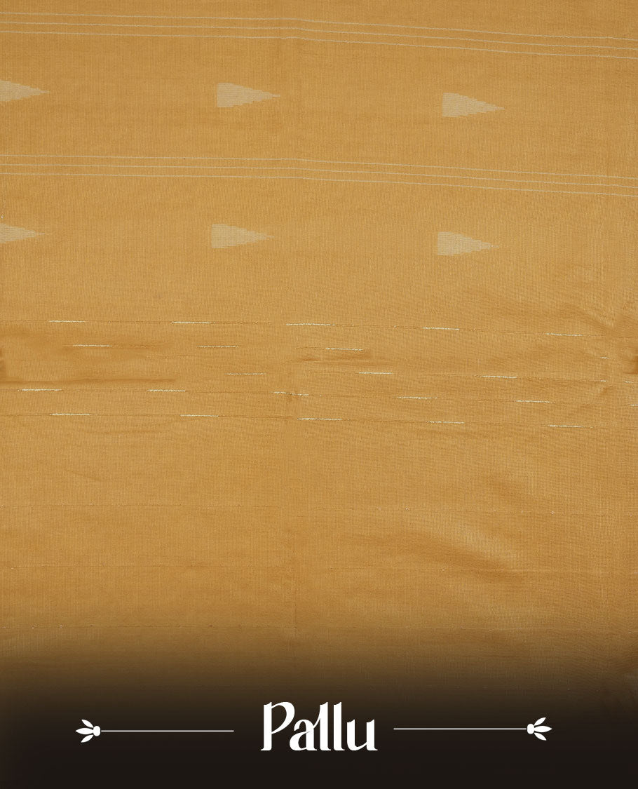 Gold colour semi jute saree highlighting gold zari striped body, without border and paired with matching blouse.