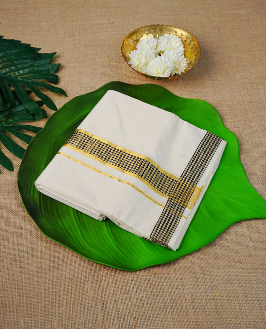 Cream Colour Cotton Double Dhoti Finished With A Classic Navy Blue Little Diamond Pattern On Golden Zari Kara