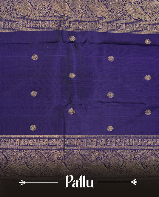 Purple colour Kancheepuram silk saree featuring Gold zari thin Stripes & Motifs on body, Highlighting Violet colour with Gold Zari border, paired with matching blouse piece.