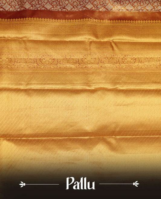 Gold & Maroon double shade colour kancheepuram tissue silk saree featuring gold zari floral kodi pattern on body, complemented by contrast maroon colour with traditional border, paired with matching blouse piece.