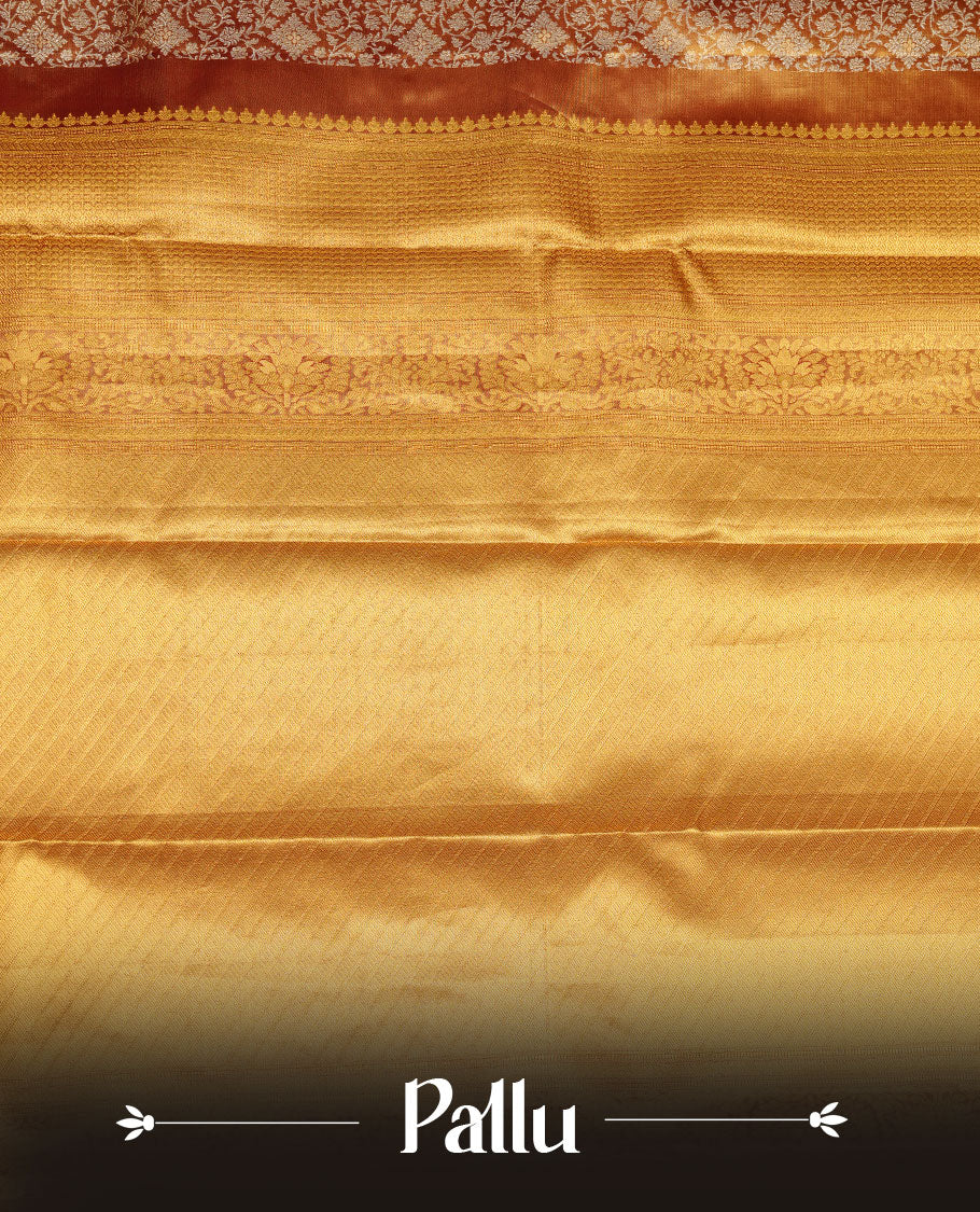 Gold & Maroon double shade colour kancheepuram tissue silk saree featuring gold zari floral kodi pattern on body, complemented by contrast maroon colour with traditional border, paired with matching blouse piece.