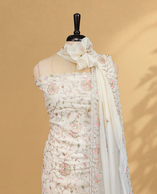 Cream colour Salwar Material Featuring Thread & Cut Beats worked body, paired with matching Bottom piece & dupatta.