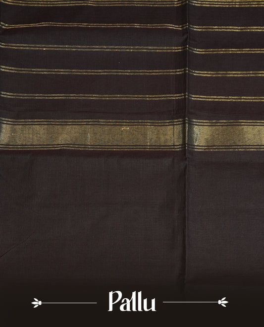 Dark chocolate Colour Chettinad Cotton Saree Featuring a Plain Body, Complemented by a Self Colour Border with Peacock Pattern Gold Zari, Paired with a Matching Blouse Piece.