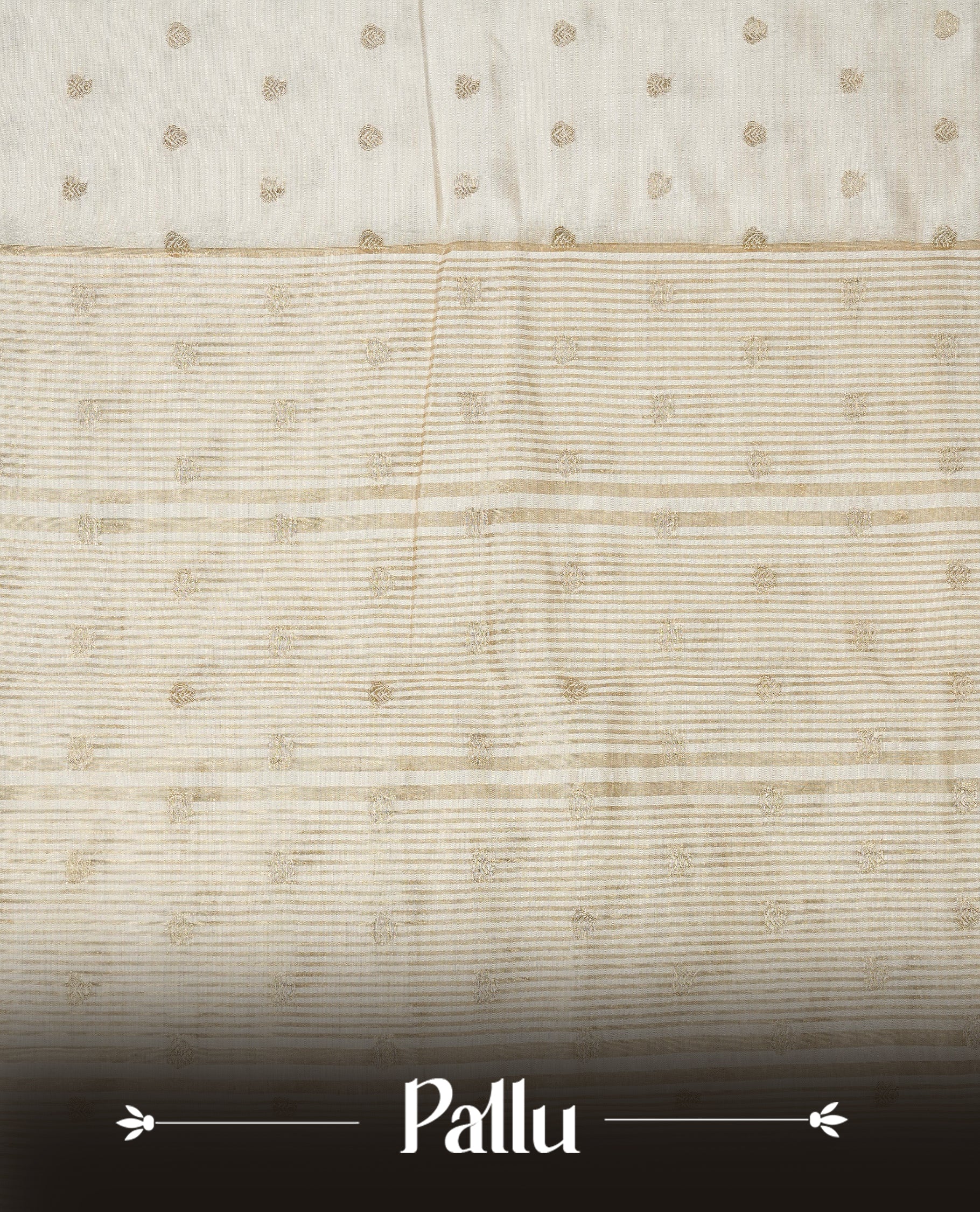 Off white gold Tussar saree featuring Gold zari buttas on body, complemented by self colour with traditional border, comes with matching blouse piece.