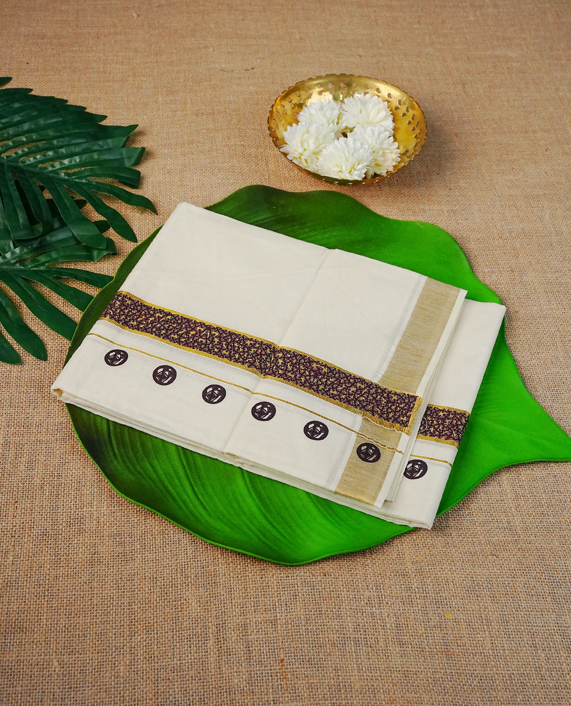 Cream Colour Cotton Double Dhoti Finished With A Classic Gold Zari Kasav & Digital Print Kara