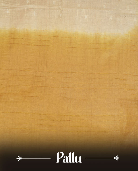 Cream & yellow dye pattern colour semi jute saree highlighting white stripped body, without border and paired with matching blouse.