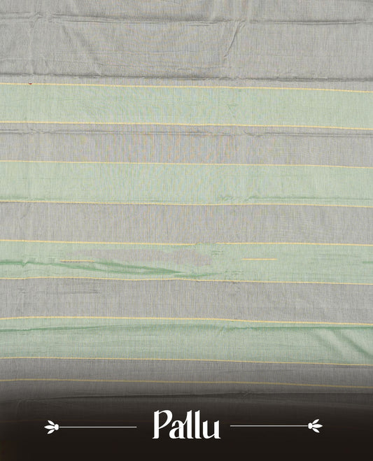 Gray colour Narayanapattu cotton saree featuring a self coloured body, contrast Black colour with silver zari border and pallu, pairing a matching blouse piece.