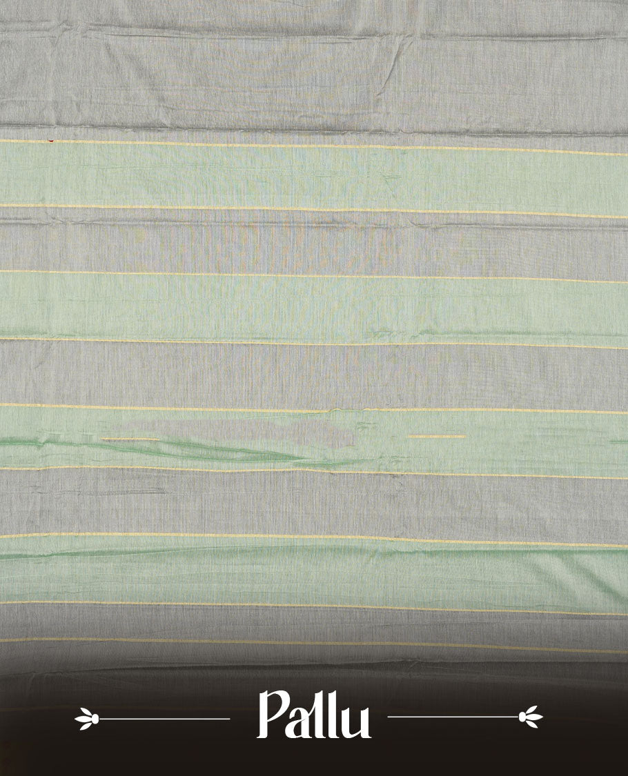 Gray colour Narayanapattu cotton saree featuring a self coloured body, contrast Black colour with silver zari border and pallu, pairing a matching blouse piece.