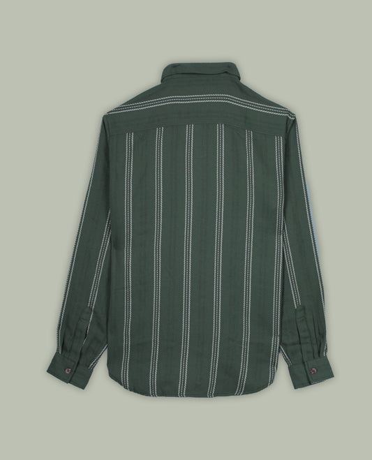 Deep green colour shirt with white vertical stripes, crafted in soft cotton for all day comfort, Featuring full sleeves, dual chest pockets, and a classic collar, it delivers a bold yet timeless casual style.
