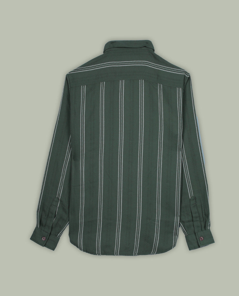 Deep green colour shirt with white vertical stripes, crafted in soft cotton for all day comfort, Featuring full sleeves, dual chest pockets, and a classic collar, it delivers a bold yet timeless casual style.