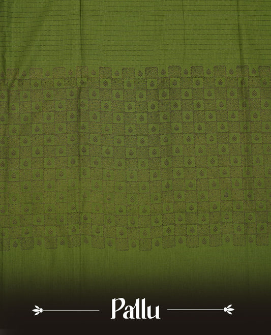 Olive Green colour poly cotton saree with black vertical dotted line pattern on the body, paired with a matching pallu featuring black zigzag geometric border, and a coordinated all‑over black stylised fleur‑de‑lis printed blouse piece.