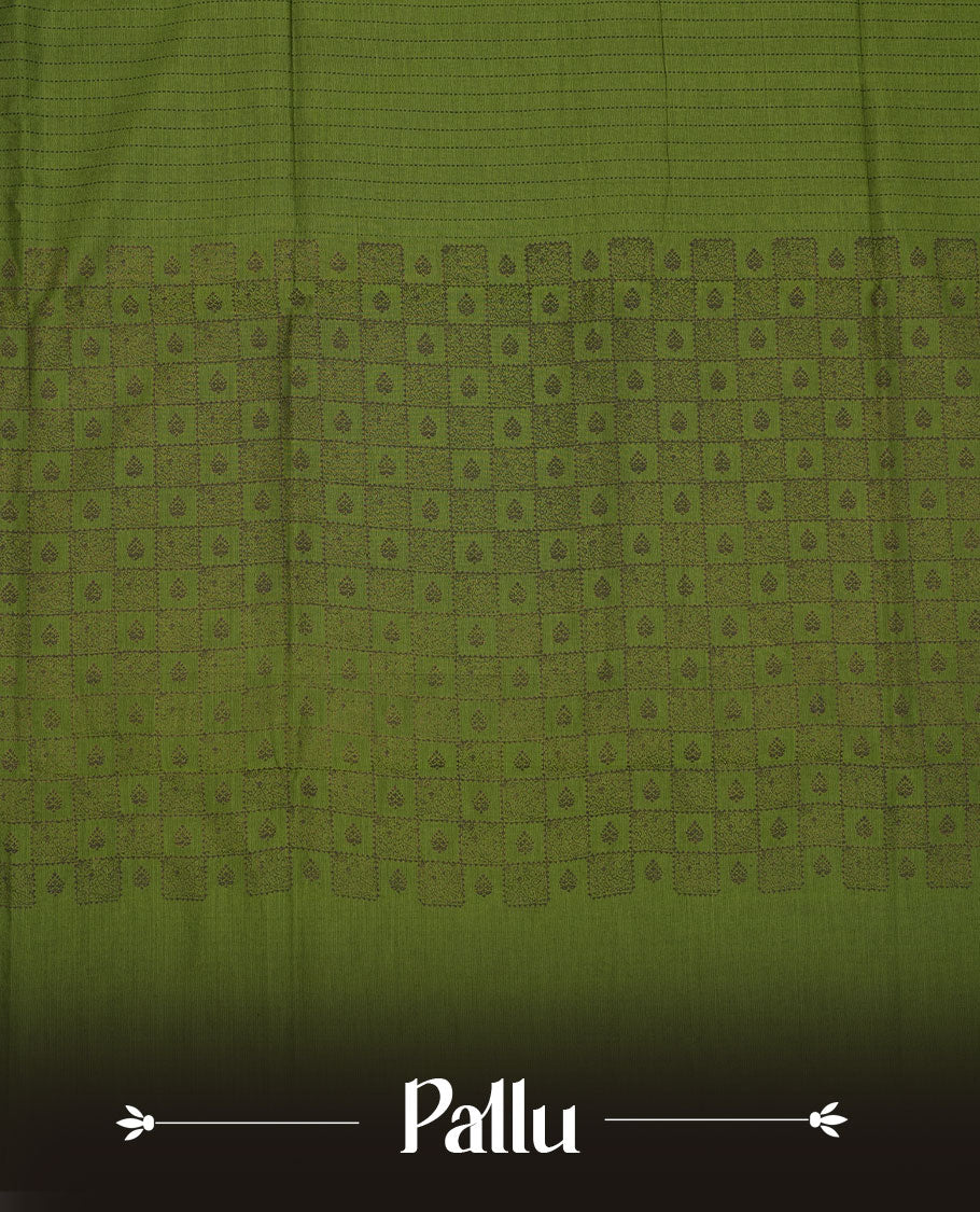 Olive Green colour poly cotton saree with black vertical dotted line pattern on the body, paired with a matching pallu featuring black zigzag geometric border, and a coordinated all‑over black stylised fleur‑de‑lis printed blouse piece.