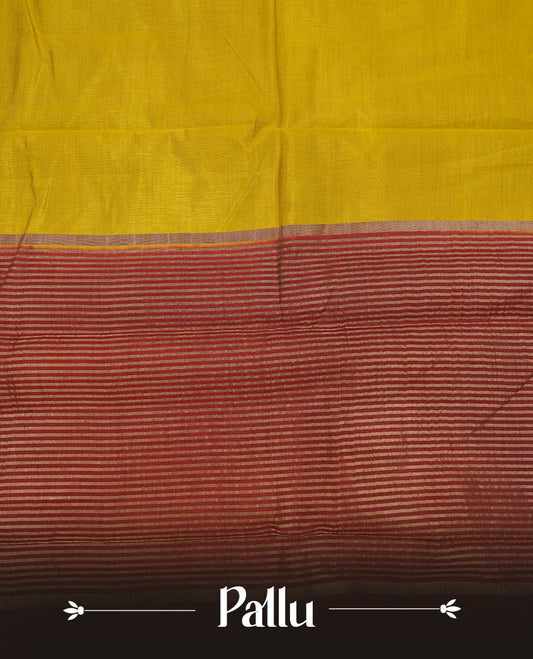 Olive colour tussar saree featuring elegant plain body, contrast Maroon colour gold zari border and comes with matching blouse piece.