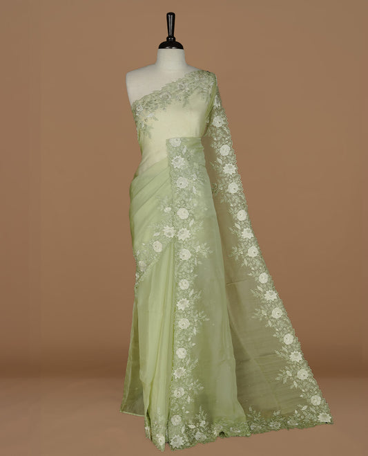 Pastel green colour organza saree featuring thread with cut beats & sequins floral pattern on body, highlighting scalp border, paired with matching blouse piece.