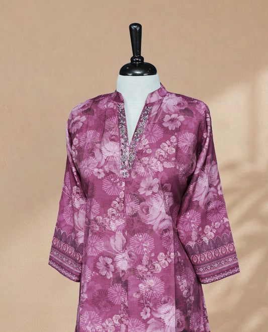 Pink colour Kurti featuring digital floral prints  and stonework On Body , a V-shaped neckline And Bead Work On Neck Yoke, 3/4 sleeves Design