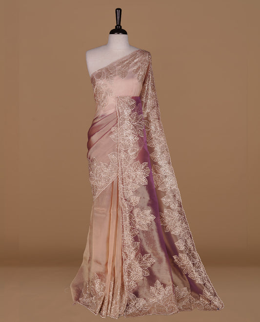 Purple & gold double shade organza saree featuring thread & cut beats, sequins leaf pattern on body, highlighting scalp border, paired with matching blouse piece.