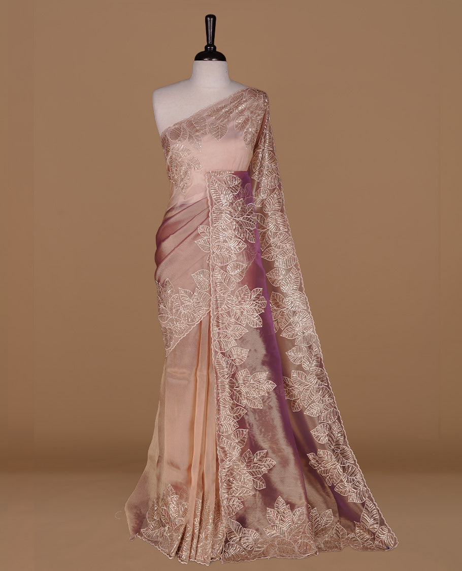 Purple & gold double shade organza saree featuring thread & cut beats, sequins leaf pattern on body, highlighting scalp border, paired with matching blouse piece.