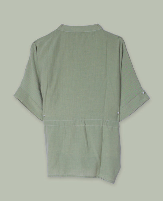 Olive green short-sleeve top with V-slit band neckline, contrast beige crochet motif on one side, and adjustable drawstring at the waist.