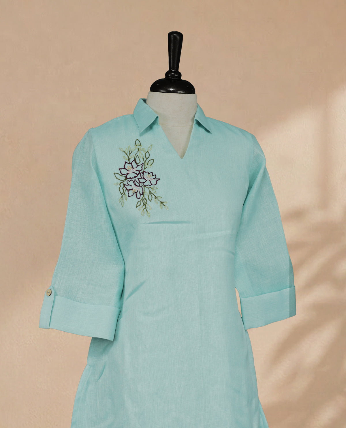 Light Blue Colour Kurti with Floral Embroidery, Collared V-Neck and Sleeves