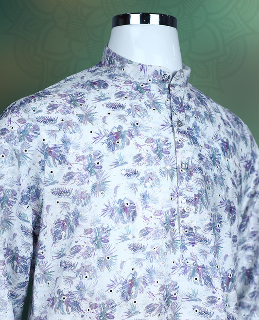 White cotton kurta adorned with subtle floral prints in shades of purple and blue, featuring a mandarin collar, buttoned placket, and full sleeves, designed for festive and semi-formal occasions.