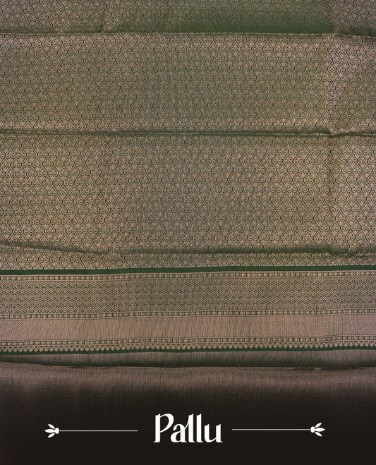 Wine colour semi silk saree featuring gold zari check patterns with buttas  on body, contrast green colour with traditional border on body, grand pallu comes with matching blouse piece