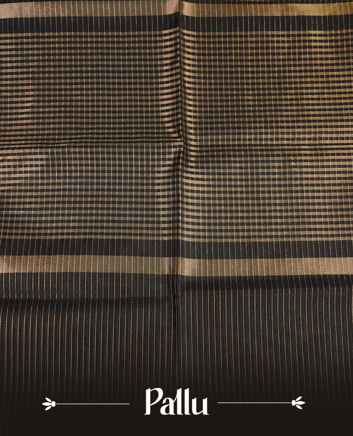 Black colour Maheshwari cotton saree, gold zari small checks on body, complement self colour gold zari temple design border comes with matching blouse.