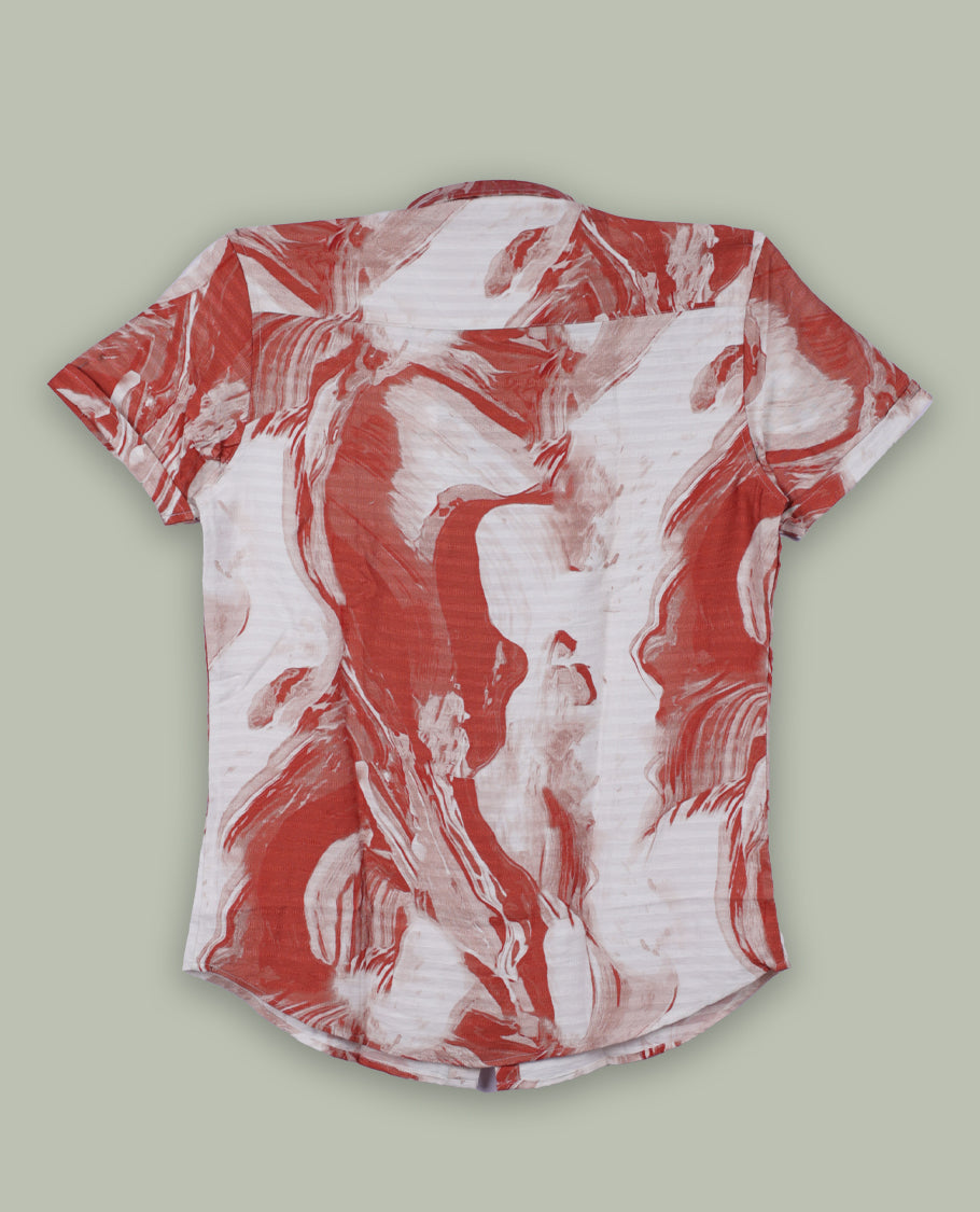 Off white colour shirt featuring a subtle brick red colour self print design, Designed with a classic collar and short sleeves, it blends effortless style with everyday comfort.