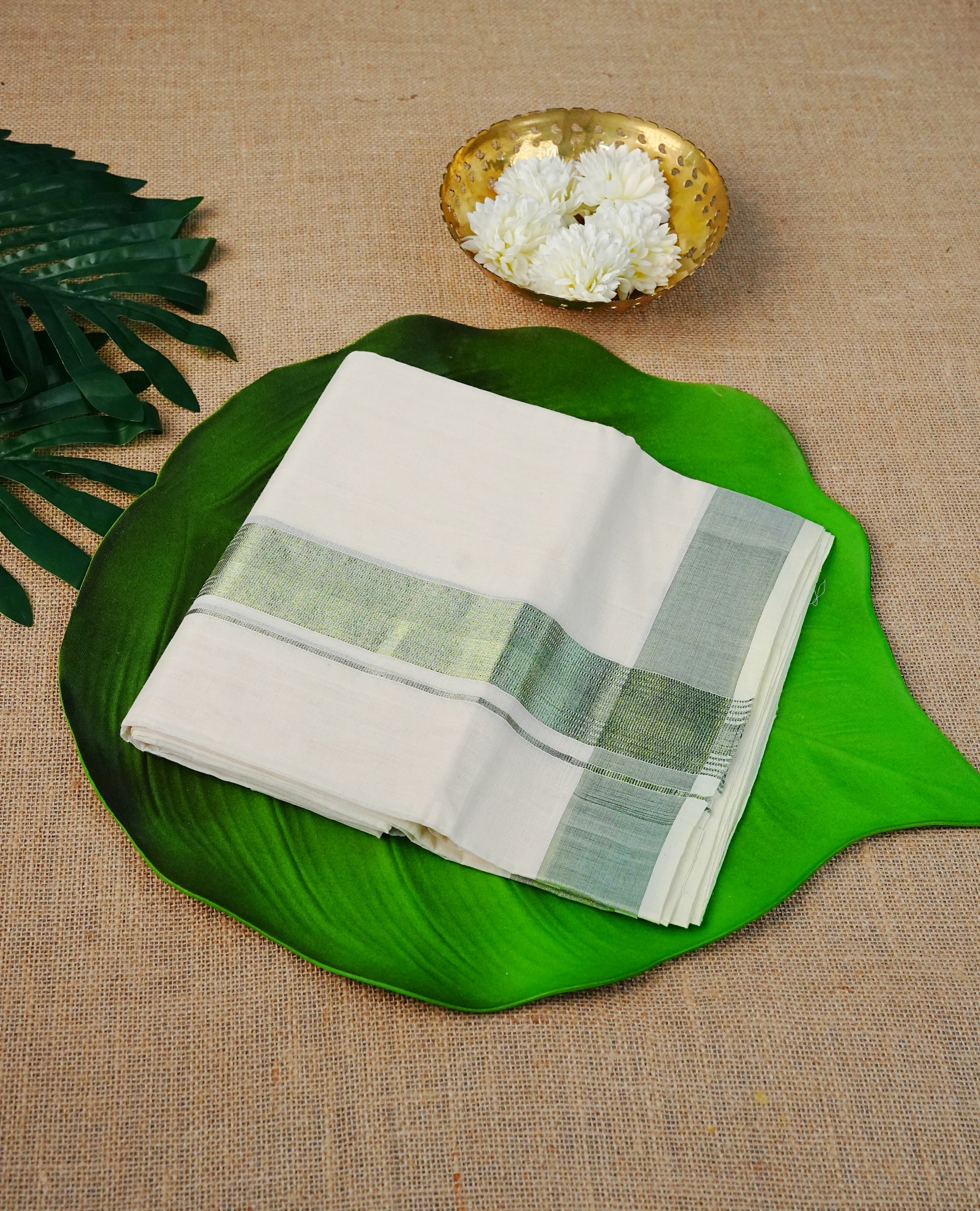 Cream Colour Cotton Double Dhoti Finished With A Classic Light green Zari Kara