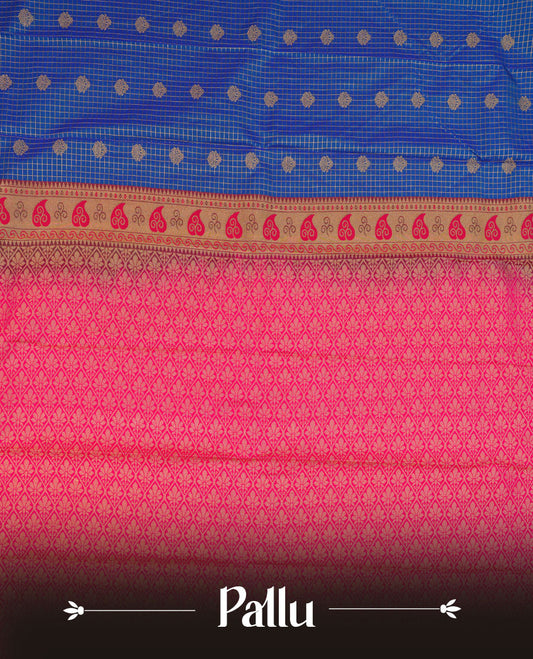 Blue colour semi silk saree highlighting gold zari check pattern  and motifs across body, featuring contrast pink colour border with gold zari pattern, comes with matching blouse .