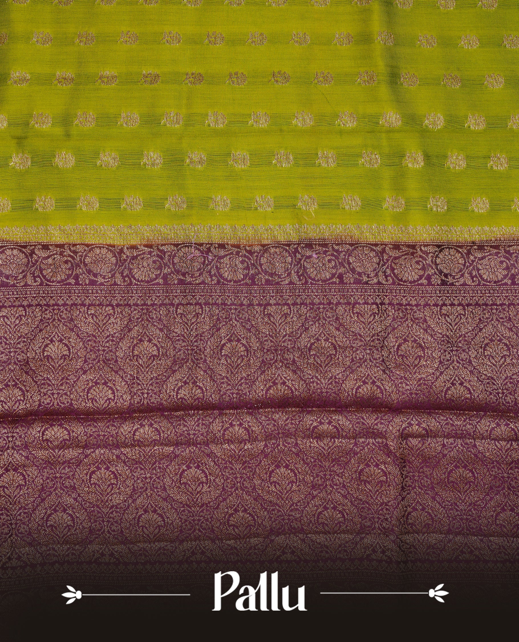 Olive colour Banaras tussar silk saree featuring elegant gold zari buttas across the body, complemented by a contrast Maroon border with rich zari detailing. Comes paired with a matching blouse piece.