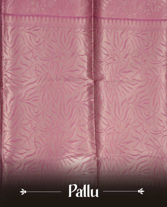 Pink colour semi tussar silk saree, featuring an intricate gold zari floral kodi pattern on the body and pallu, comes with matching blouse.