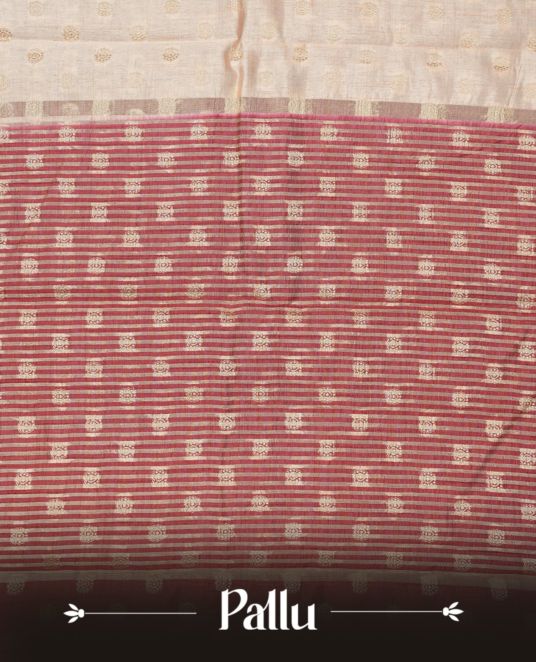 Light Gold Tussar saree featuring Gold zari buttas on body, complemented by contrast Maroon Colour with Gold zari border, comes with matching blouse piece.