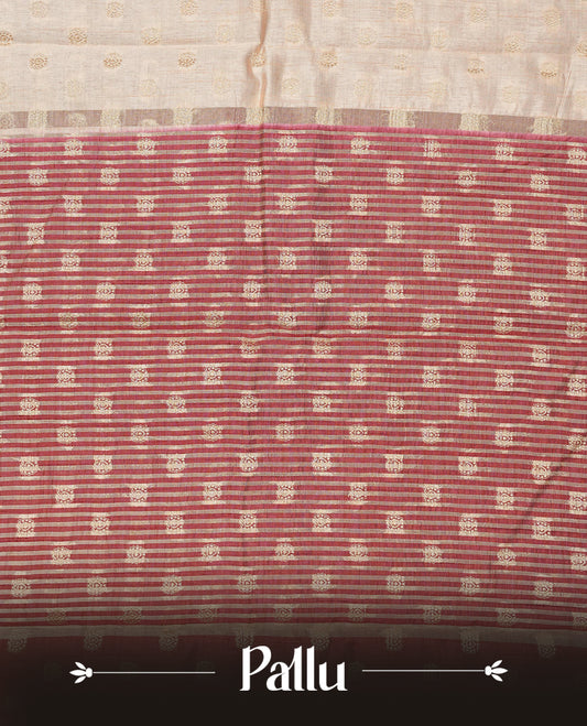 Light Gold Tussar saree featuring Gold zari buttas on body, complemented by contrast Maroon Colour with Gold zari border, comes with matching blouse piece.