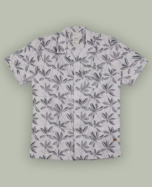 Off white colour short sleeve shirt features a rounded spread collar and a grey colour jacquard print all over & its ideal for both casual days and laid back evenings.