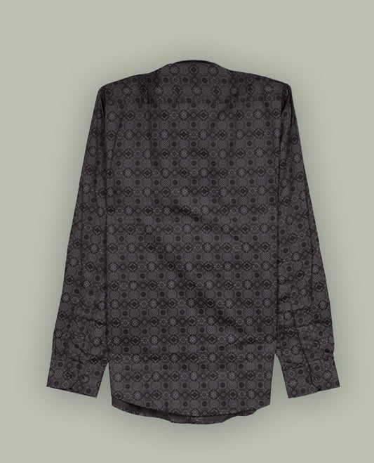 Mauve colour patterned long sleeve shirt featuring an intricate geometric print, Made from smooth, lightweight fabric with a subtle sheen. Includes a classic collar and button down front.