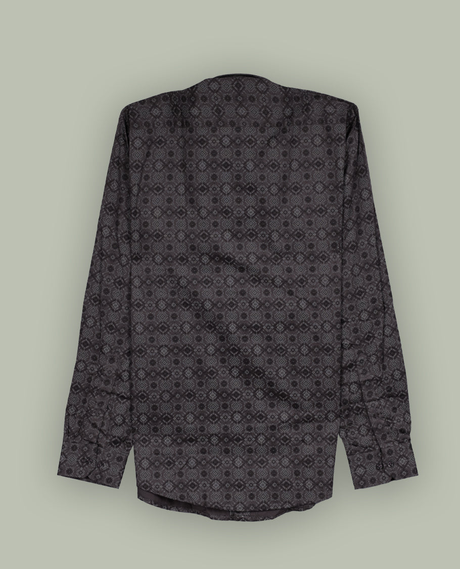 Mauve colour patterned long sleeve shirt featuring an intricate geometric print, Made from smooth, lightweight fabric with a subtle sheen. Includes a classic collar and button down front.