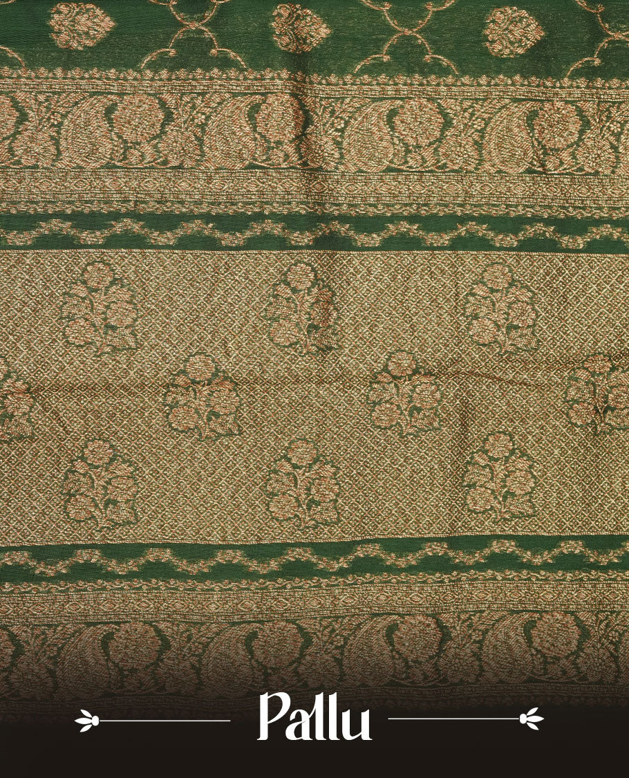 Deep forest green semi Banaras saree with gold zari buta motifs, finished with a traditional gold zari border and pallu, paired with a matching blouse.