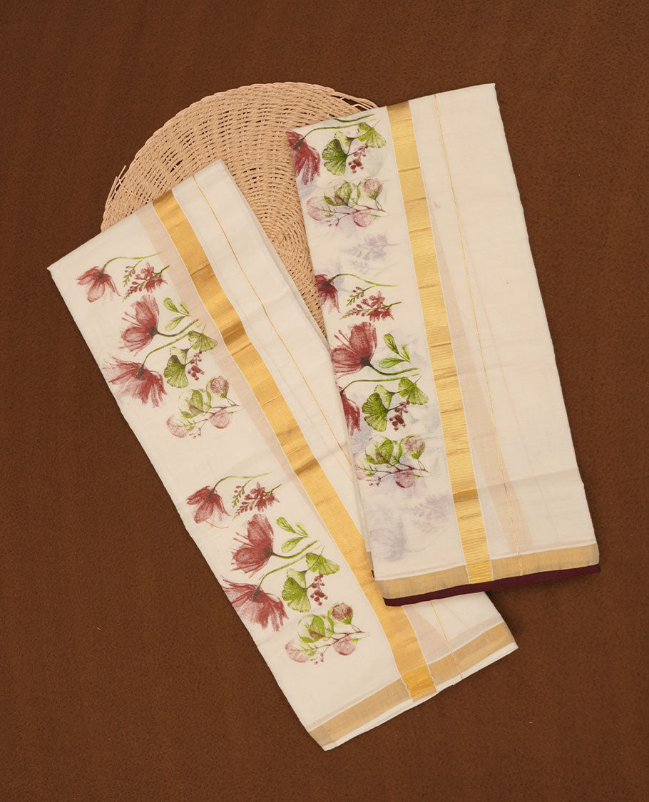 Off white colour cotton set mundu highlights gold zari border featuring floral print across border (2.00/2.80 MTS)