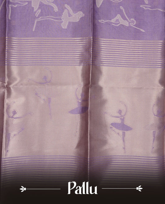 Lavender colour semi tussar silk saree, featuring an intricate white dancing women motif on the body and pallu with gold zari , comes with matching blouse.